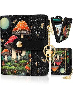 Women's Mushroom PU Leather Small Wallet RFID Slim Bifold Coin Card Holder